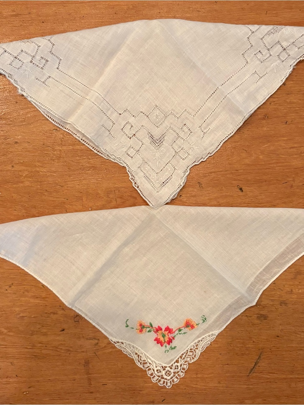 Vintage Linen Handkerchief Set - 2pc Geometric Drawnwork & Petit Point Florals